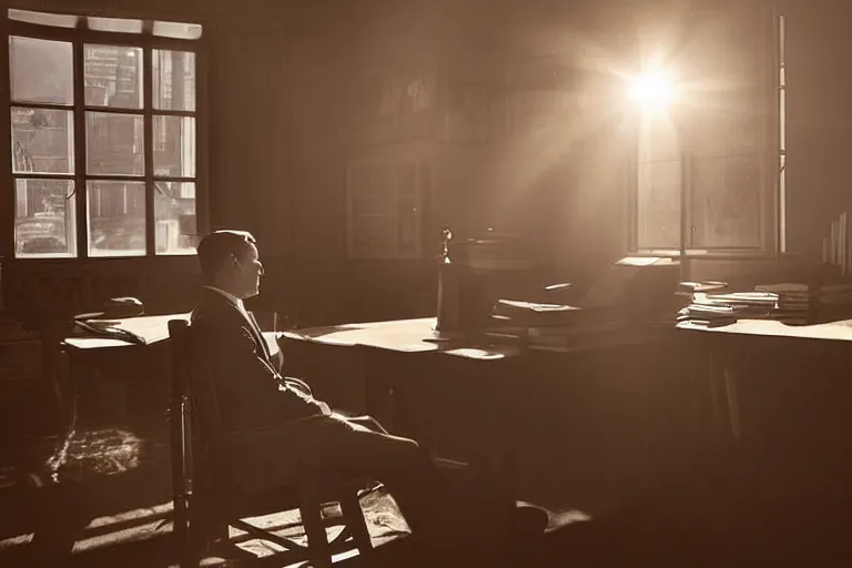 Image similar to a 1 9 5 0 s detective in his office, sunbeams streaming through the window