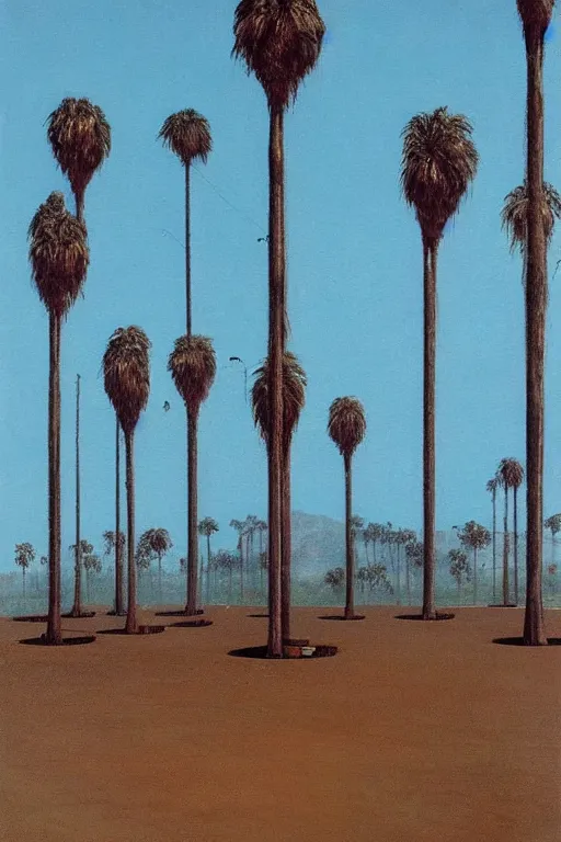 Image similar to southern california palm trees! empty parking lot painted by beksinski