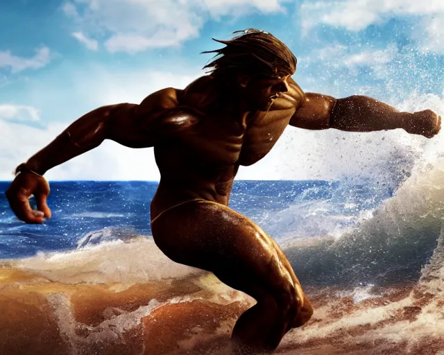 Image similar to single spartan with surfing on australian beach, epic award winning action cinematic still from the movie 3 0 0, 8 k, global illumination, detailed face, muscles, rim highlights, hyper realistic, stunning waves, happy vibes