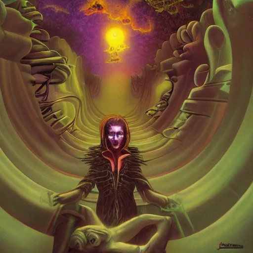 Image similar to Vampire traveling through a beautiful psychedelic world, illustrated by Jim Burns