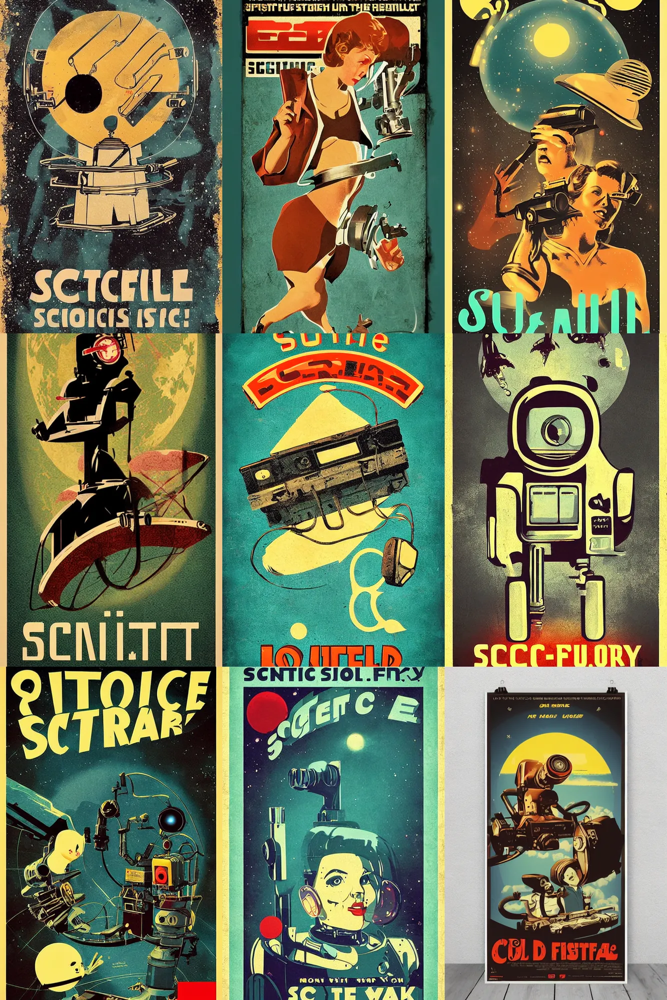 Prompt: cute retro sci - fi old poster, old and worn, digital art