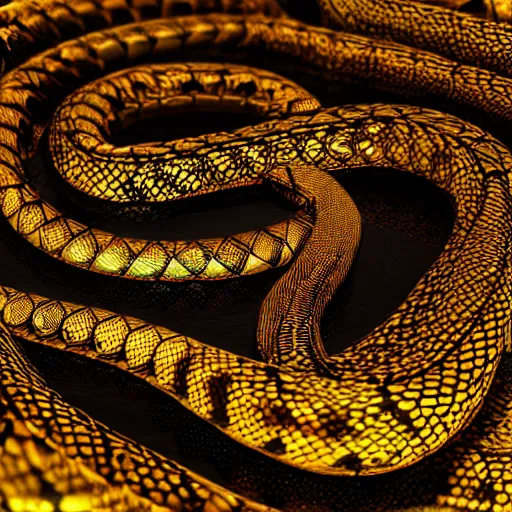 Image similar to black snake with glowing golden scales, intricate lines, clear focus, vivid colors, final fantasy, unreal engine highly rendered, global illumination, radiant light, intricate environment