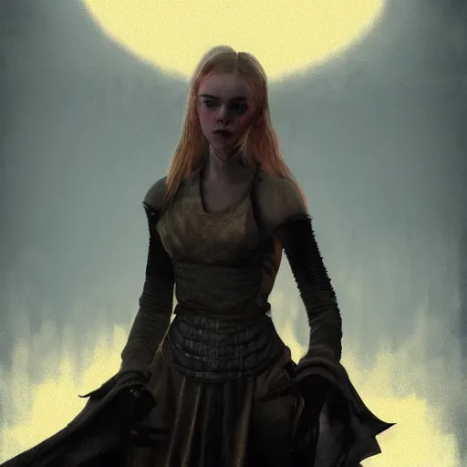 Prompt: Elle Fanning in the painted world of Dark Souls, head and shoulders masterpiece, apocalypse, golden hour, cosmic horror, artstation, in the style of De Stijl, extremely detailed