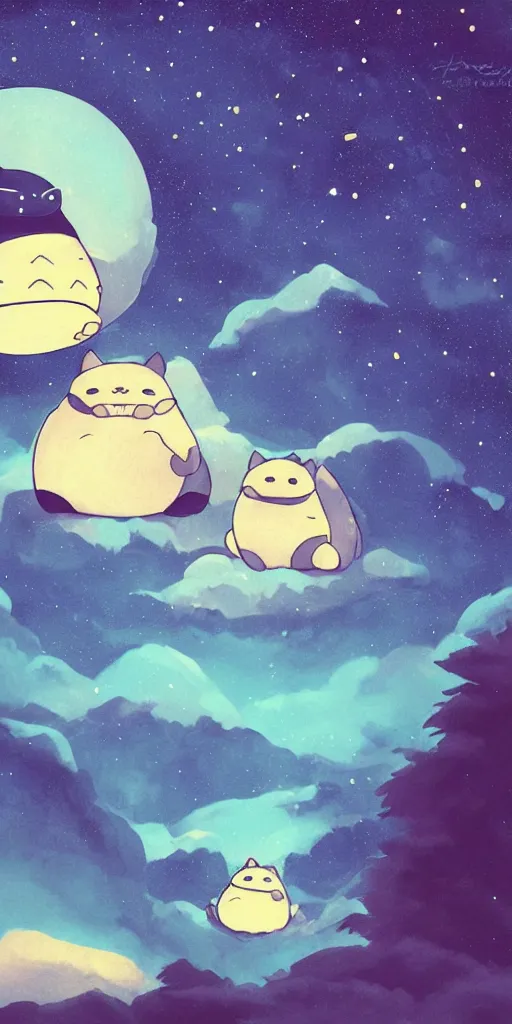 Image similar to glowing snorlax totoro, mountain landscape, night sky, digital art, digital painting, celestial, majestic, colorful