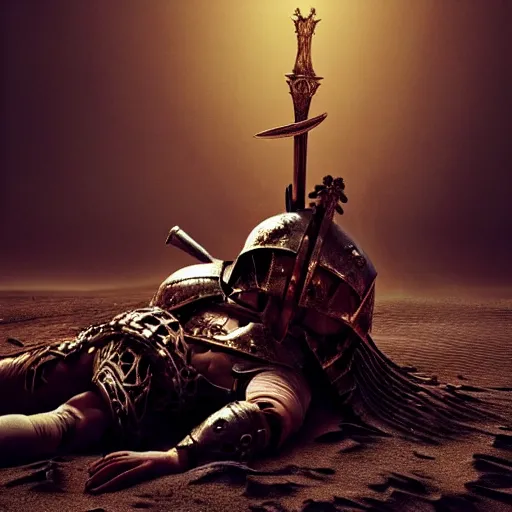 Image similar to the king in the desert dead on the ground, defeated, blood on sand, swords fallen to ground, fighting in a dark scene, detailed scene, killed in war, blood spill, Armour and fallen Crown, highly detailed, blood and dust in the air, action scene, cinematic lighting, dramatic lighting, trending on artstation, elegant, intricate, character design, motion and action and tragedy, fantasy, D&D, highly detailed, digital painting, concept art