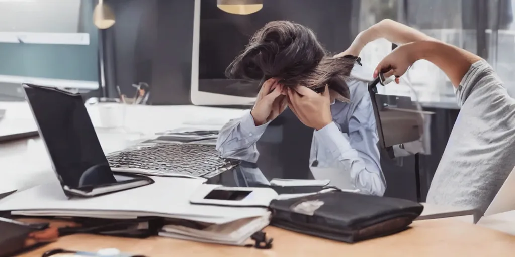 Image similar to a stressed ostrich doing taxes in front of a laptop, trending photo