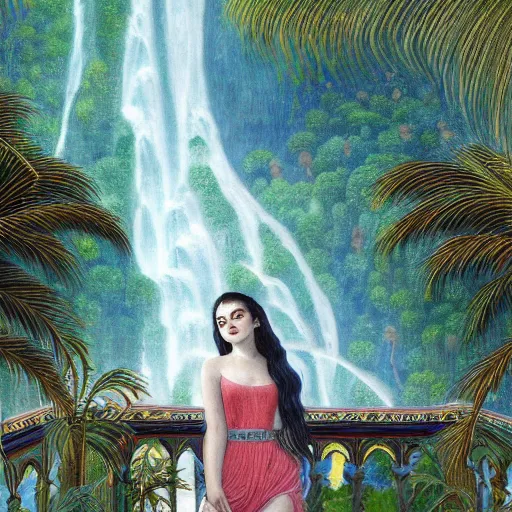 Image similar to a ultradetailed beautiful painting of lorde, frank ocean, the weeknd and lana del rey standing in front of the diamonds waterfall in the amazonas palace balustrade designed by jules bastien - lepage, tarsila do amaral, frank weston and gustave baumann, beach, trending on artstation, mediterranean, palm trees, sharp focus, soft light, 8 k 4 k