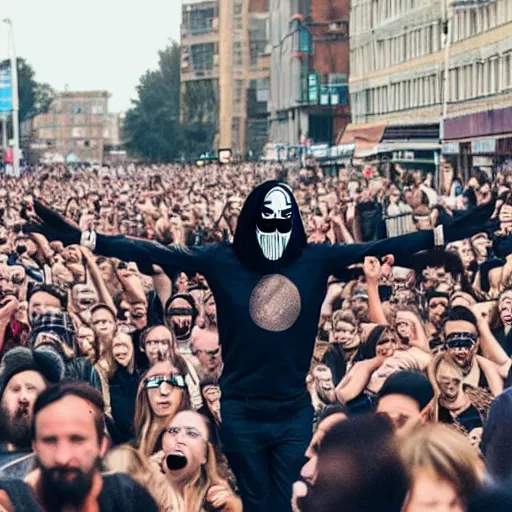 Image similar to Jesus in balaclava mask raving in a huge crowd