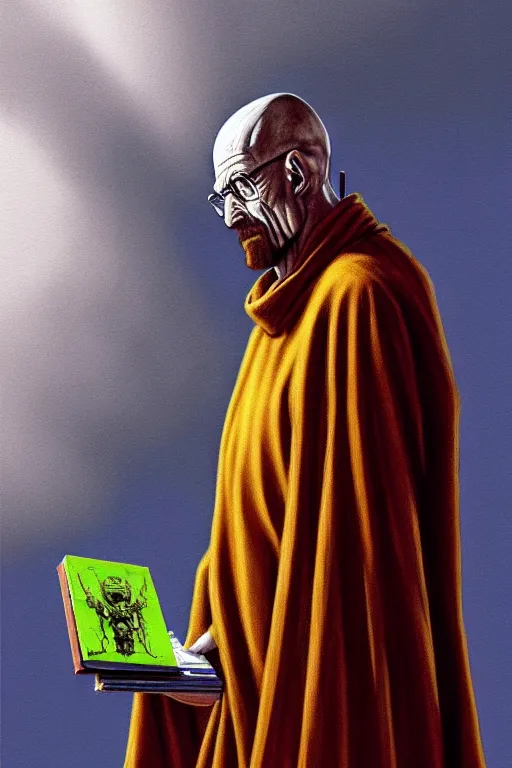 Image similar to painting of walter white as a cloaked tech priest holding a book, adeptus mechanicus!, cybernetic enhancements attached to his body, praise the omnissaiah, zdzislaw beksinski, lewis jones, mattias adolfsson, warhammer 4 0 k!!, cold hue's, warm tone gradient background, concept art, digital painting