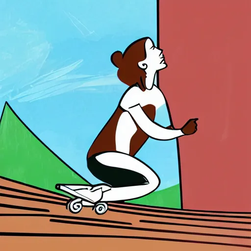 Image similar to modern stylized illustration of a girl riding a skateboard with one leg up and the other on the deck going fast, side view