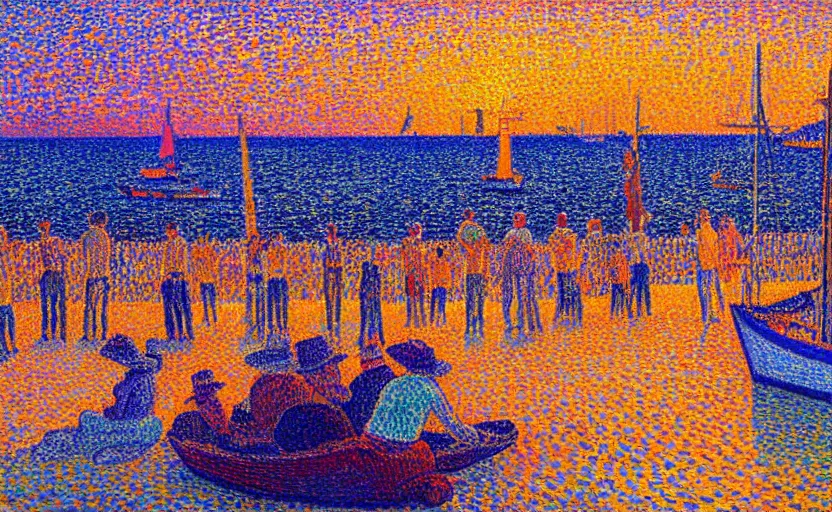 Prompt: crowd gathers to watch the sunset at tel aviv port, by paul signac, colorful, golden