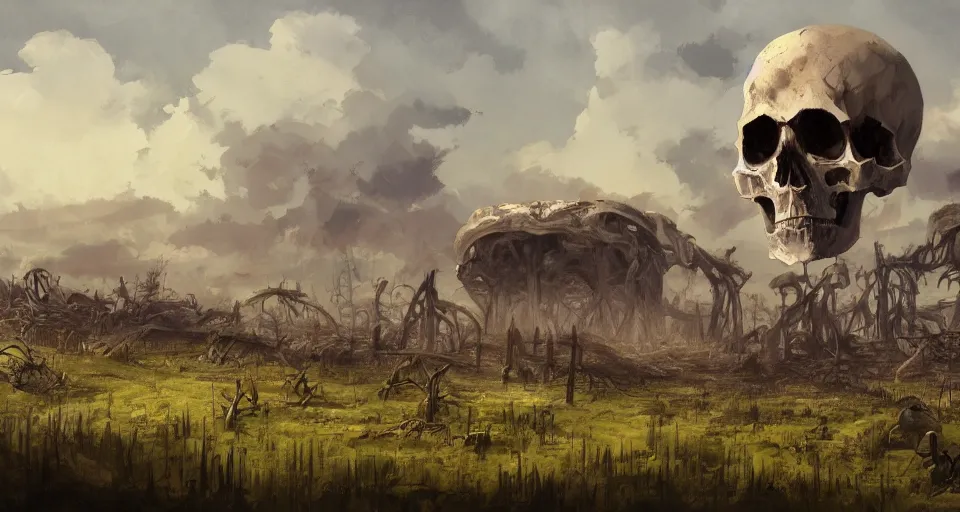 Prompt: landscape painting of a post apocalyptic field with huge skulls lying around by Friedrich, Caspar David, Studio Ghibli, concept art, trending on artstation 4k