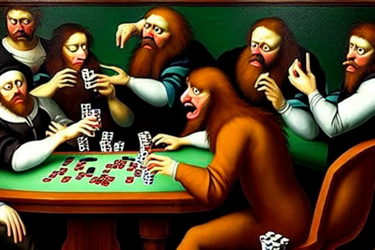 Image similar to velociraptors playing poker on a bar while drinking beer, in the style of a renaissance painting.