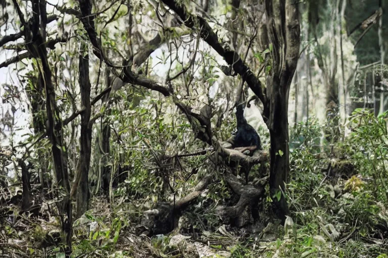 Image similar to a movie still of a bear in a forest by walerian borowczyk, immoral tales, grain, technicolor, high definition, remastered, wide angle, 7 0 mm, wide shot, cinematic