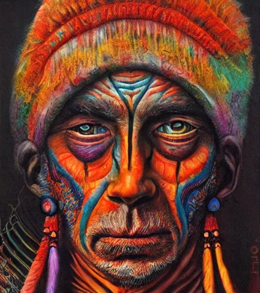 Image similar to Portrait painting in a style of Beksinski mixed with Alex Grey of an old shaman dressed in a colorful traditional clothes.