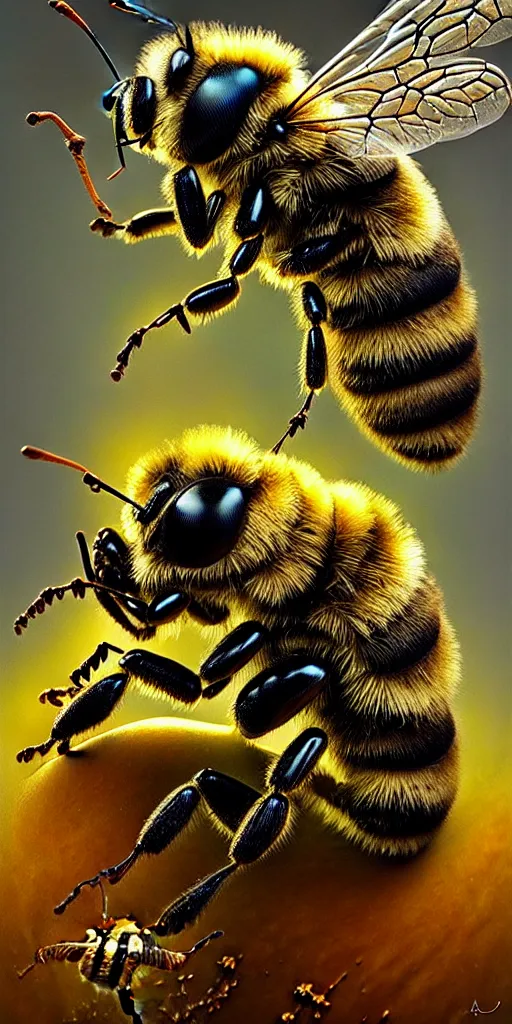 Prompt: hyper realistic bee highly detailed, digital photo art, artstation, sharp focus, 8 k, 3 d, head in focus, soft colours, tomasz alen kopera, peter mohrbacher. donato gian
