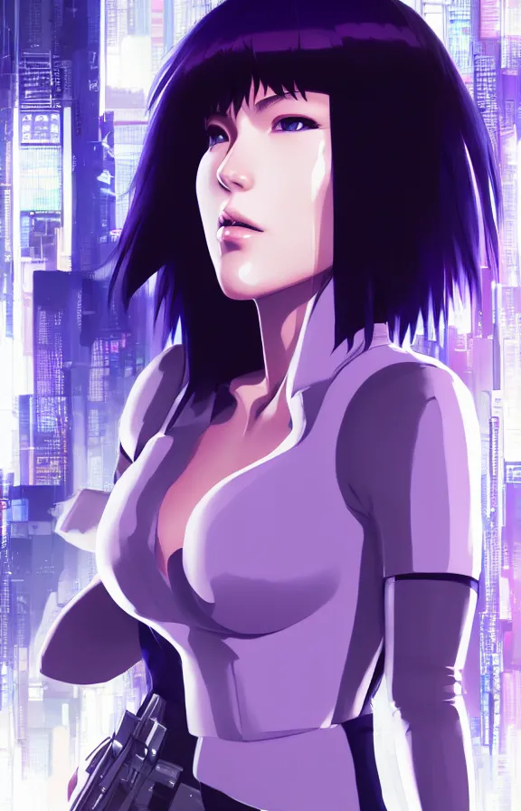 Image similar to a still fullbody portrait of motoko kusanagi ghost in the shell, finely detailed features, closeup at the faces, perfect art, at a cyberpunk city, gapmoe yandere grimdark, trending on pixiv fanbox, by ilya kuvshinov, rossdraws, artgerm