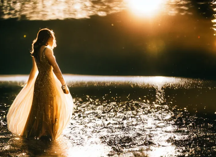 Image similar to a 2 8 mm holga photo of a woman in a formal gown emerging from a lake, misty, morning, splash art, movie still, bokeh, canon 5 0 mm, cinematic lighting, dramatic, film, photography, golden hour, depth of field, award - winning, anamorphic lens flare, 8 k, hyper detailed, 3 5 mm film grain