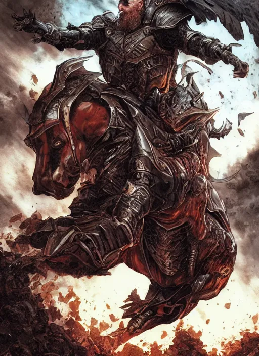 Prompt: bald grey bearded ethan van sciver riding a dark horse into battle, full view, beautiful zoomed out artwork by artgerm and rutkowski, breathtaking, beautifully lit, dramatic, full view