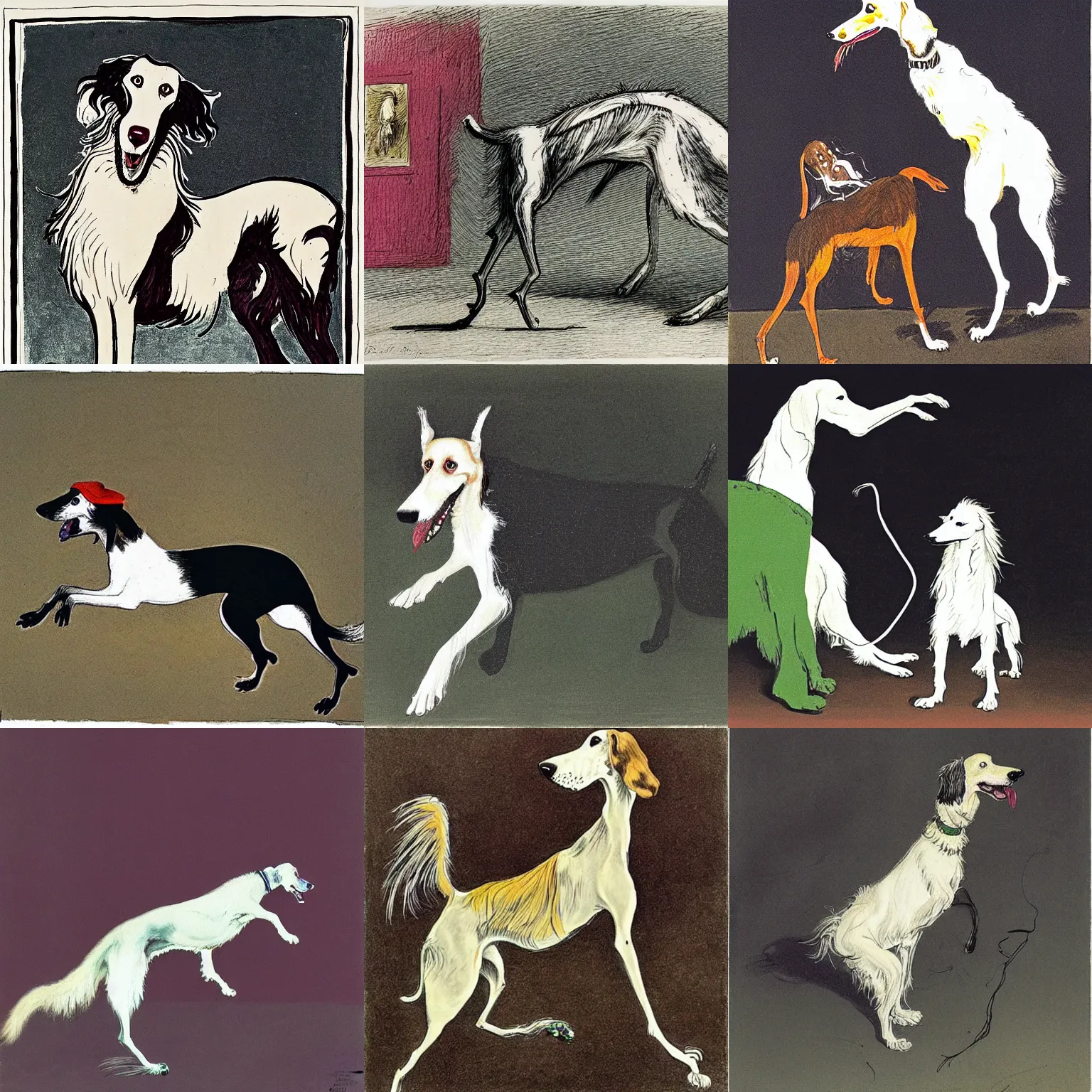 Prompt: An illustration of a Borzoi dog, by Ralph Steadman, Francis Bacon, Hunter S Thompson