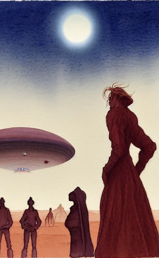 Image similar to a hyperrealist watercolour character concept art portrait of a 1 0 ft. tall thin alien with a high forehead on a misty night in the desert. a small group of people are watching from the foreground. a ufo is in the background. by rebecca guay, michael kaluta, charles vess and jean moebius giraud