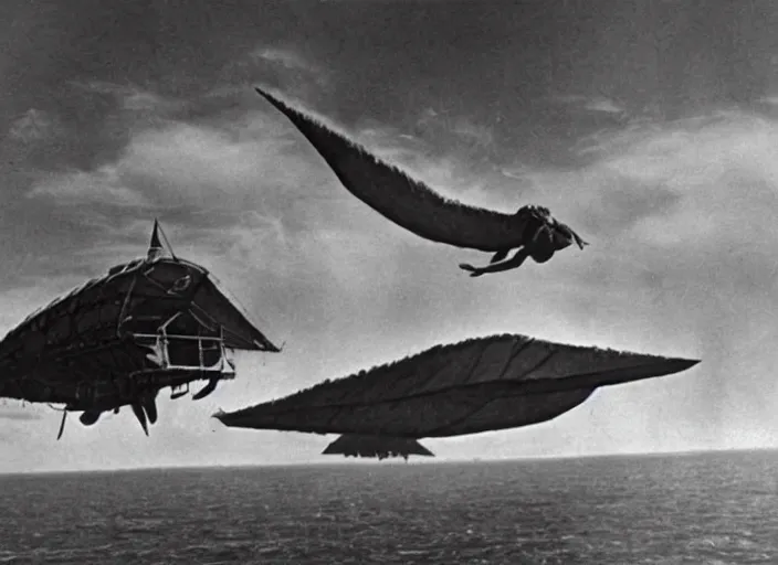 Prompt: scene from the 1971 lost world film Airship Vs Pterodactyls