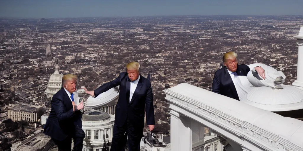 Prompt: a professional cinematic photo of donald trump 1 v 1 fighting elon musk on top of white house. extremely high fidelity. key light.