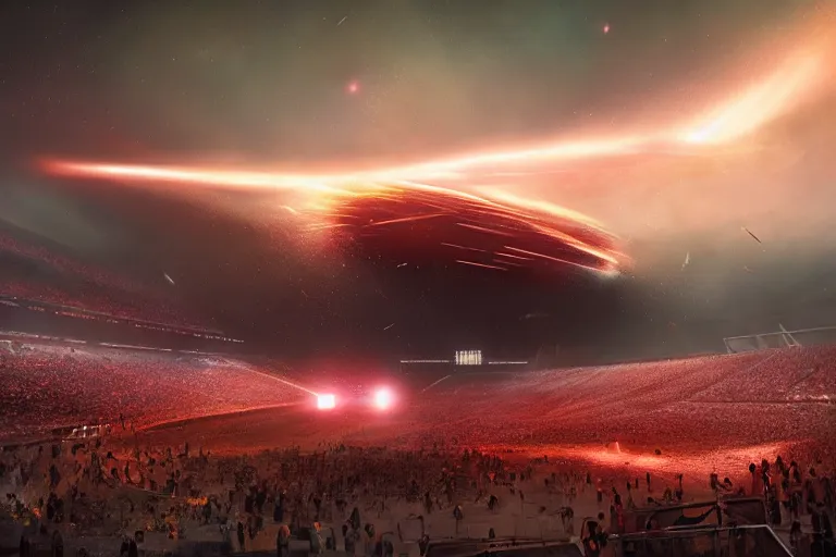 Image similar to meteorites fall from the red sky upon a football stadium, crowds panic, cinematic lighting by Jessica Rossier