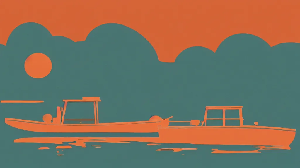 Image similar to a pale orange boat floating on top of a body of water, a vintage poster screenprint by Tom Whalen, behance contest winner, australian tonalism, pale gradients design, matte drawing, outrun, low poly