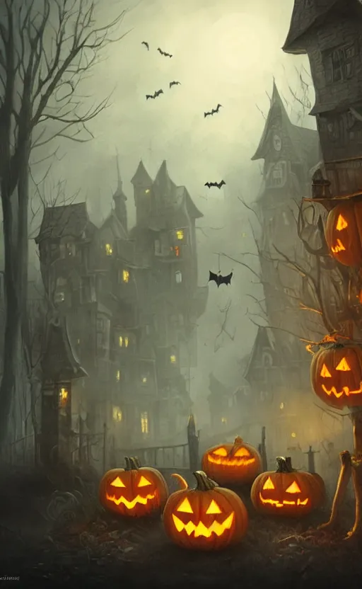 Image similar to a creepy and eery Halloween setting, with Jack o lanterns on the street and ghost roaming around, dynamic lighting, photorealistic fantasy concept art, stunning visuals, creative, cinematic, ultra detailed, trending on art station, spooky vibe