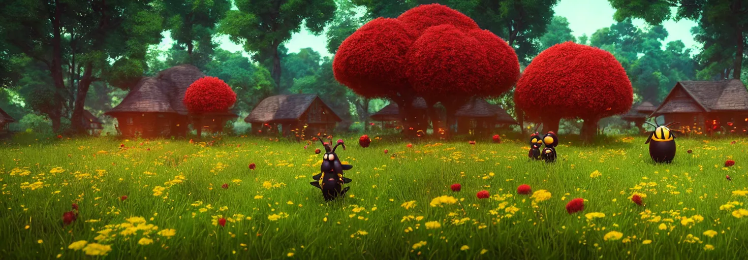 Prompt: stunning glowing dominant large highlighted crimson - black beehive, oversized cute bees in a beautiful forest meadow village landscape, flowers, happy trees, photorealistic, octane render, rtx, hdr, unreal engine, digital art widescreen 8 k, studio ghibli, pixar, disney, wlop