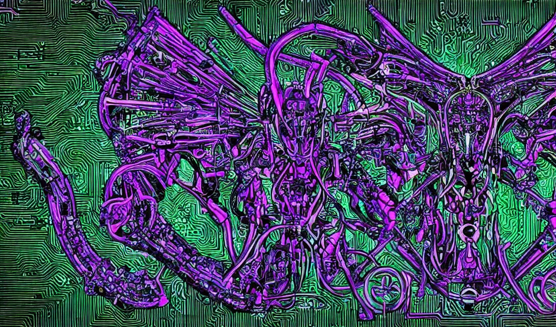 Prompt: biomechanical baphomet sigil merged with mainframe circuitry, multicolored digital art