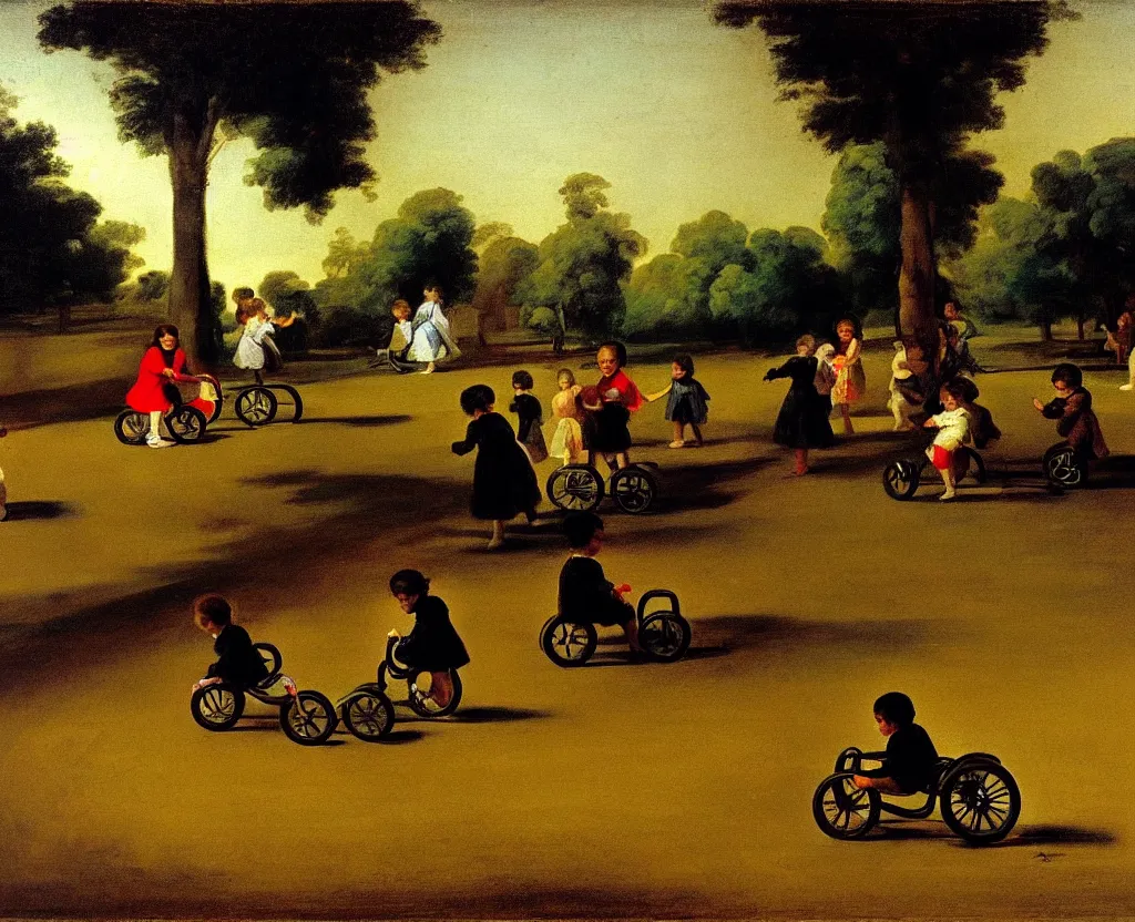 Image similar to children riding tricycles in the park, in the style of francisco goya's black paintings