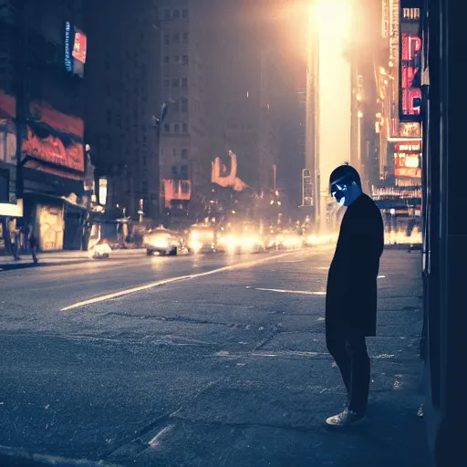 Prompt: digital art of a ghost smoking a cigarette on NYC sidewalk, city lights, trending on artstation, 8k, 4k, volumetric lighting, smooth sharp focus, lighthearted, cinematic composition, hd