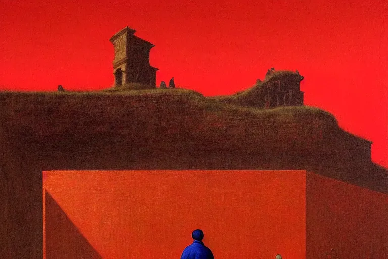 Image similar to only with red, a red melted emperor in an authoritarian position, taormina amphitheatre, crowd hails him, in the style of beksinski, parts by edward hopper, parts by rodcenko, parts by yue minjun, intricate and epic composition, red by caravaggio, insanely quality, highly detailed, masterpiece, red light, artstation, 4 k