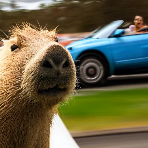 Image similar to A highly detailed photograph of a capybara driving a blue convertible sports car at high speeds