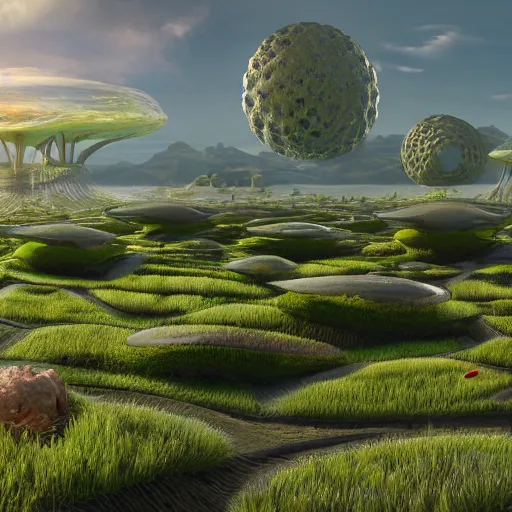 Prompt: panorama,utopia,science fiction,bio-inspired,organic,sunny,michael whelan,octane render