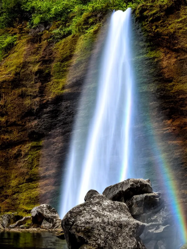 Image similar to artdeco waterfall cascading onto rocks, small rainbow emerging in background, ethereal, beautiful scenery,