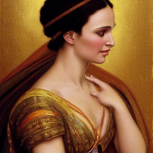 Prompt: beautiful_golden_portrait_of_a_Natalie_Portman_a s_Grand Odalisque_intricate_oil_paintingby Jo hn_William_Godward_by_Anna_Dittman_by J-H 768-C2.0