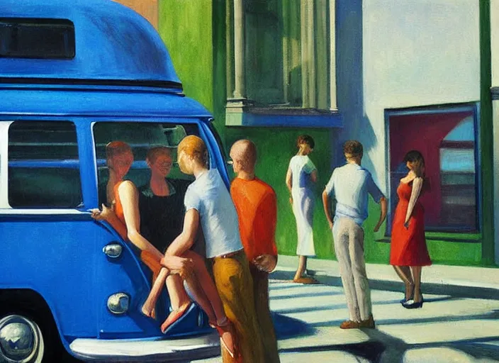 Image similar to detailed painting two young men and women near blue vw bus by edward hopper, bernardo bertolucci dreamers movie scene