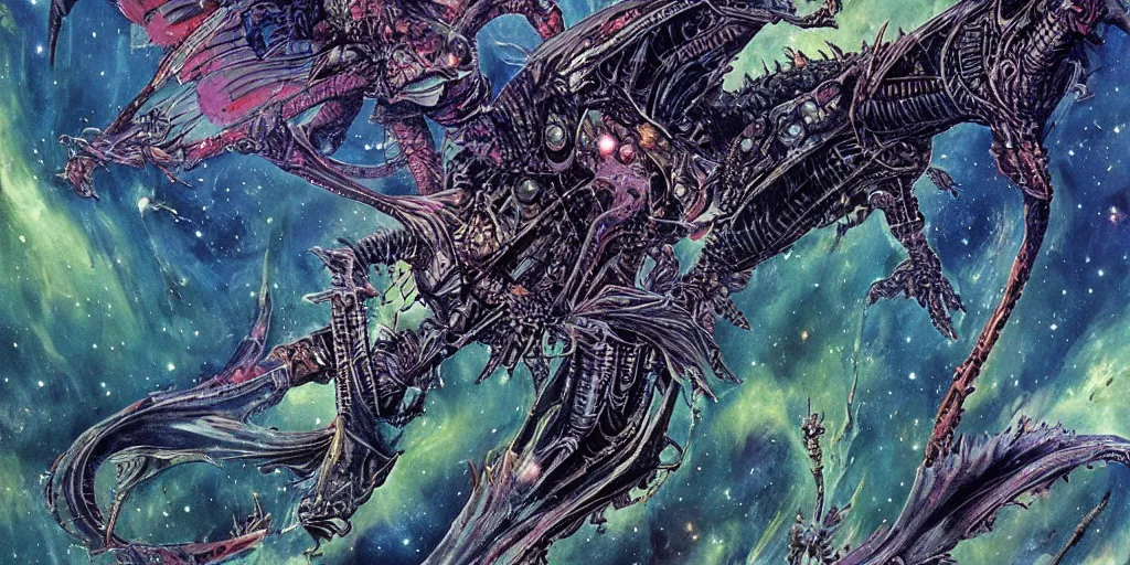 Image similar to an alien dragon flying through outer space, epic nebula, style of philippe druillet art