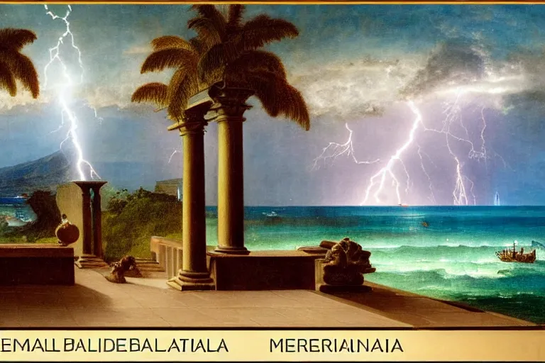 Image similar to mediterranean balustrade and columns, refracted lightnings on the ocean, thunderstorm, greek pool, beach and Tropical vegetation on the background major arcana sky and occult symbols, by paul delaroche, hyperrealistic 4k uhd, award-winning, very detailed paradise