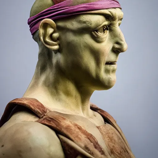 Prompt: donatello of the teenage mutant ninja turtles as a sculpture from the renaissance made of white marble, high details, cinematic, photorealistic