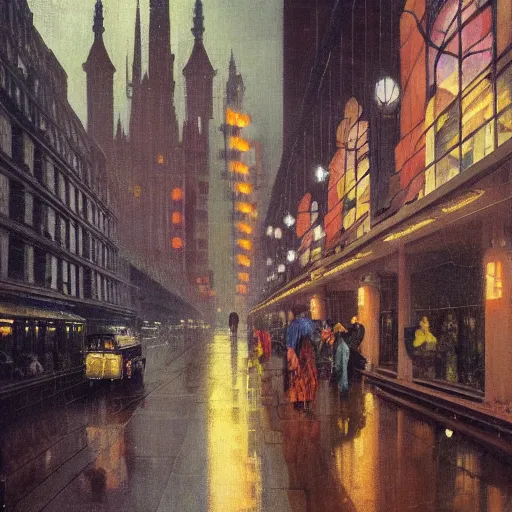 Image similar to 1 9 3 0 s detailed oil painting of a woman, cyberdeco cloisters, electronic billboards, tech noir, wet reflections, atmospheric, ambient, livia prima, george tooker, greg rutkowski, wlop, gil elvgren, grant wood, alexis flower, hopper, mucha, whistler, norman rockwell, peter max,