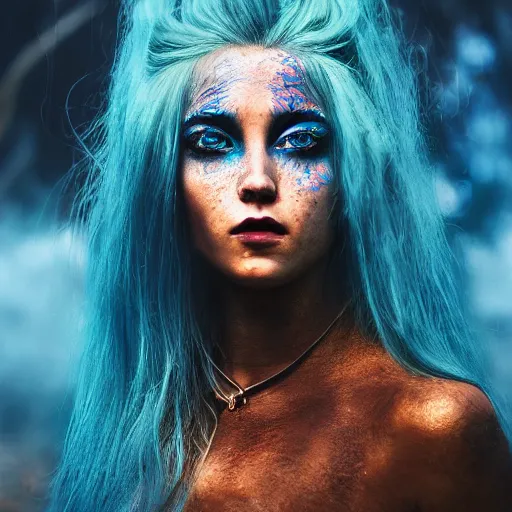 Image similar to The dragon girl portrait, portrait of young girl half dragon half human, dragon girl, dragon skin, dragon eyes, dragon crown, blue hair, long hair, highly detailed, cinematic lighting, by Gaspar Noe