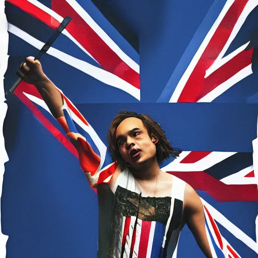 Image similar to Frank Dillane wearing a union jack crop top singing on a stage, intricate, digital painting, artwork by liam wong