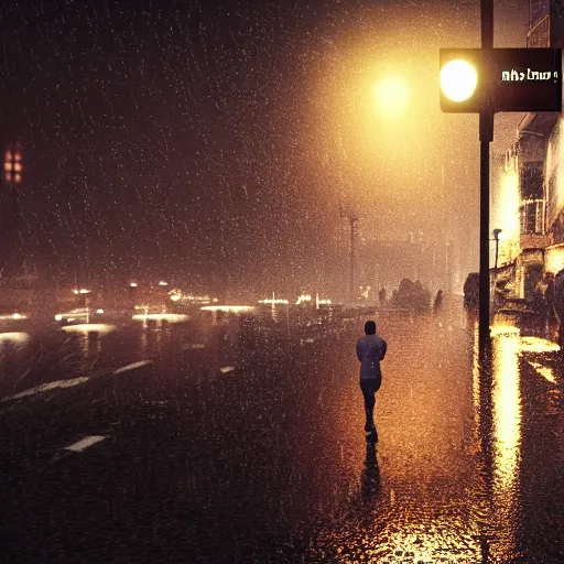 Prompt: dark rainy night, lights, clock chases a guy, running, rain on screen, realistic, cinematic, raytracing, time, intense detail, artstation