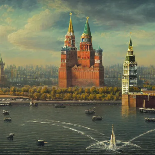 Prompt: Moscow Kremlin, Eiffel tower, Statue of Liberty, Big Ben, extravagant matte painting, highly detailed oil painting, 8k, devastatingly beautiful atmosphere, elegant cinematic fantasy art, overwhelming depth and detail, magic, vibrant colors, intricate masterpiece