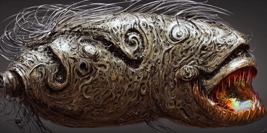 Image similar to angler fish sculpture, stylized layered shapes, long flowing fins, bioluminescent orbs, diffuse lighting, glowing eye, intricate, elegant, highly detailed, lifelike, photorealistic, digital painting, artstation, smooth, sharp focus, art by h r giger