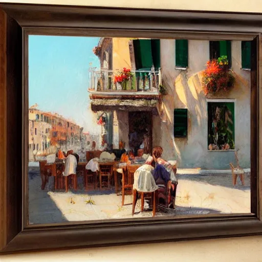 Prompt: italian restaurant in venice, sunny, shadows, richard schmid